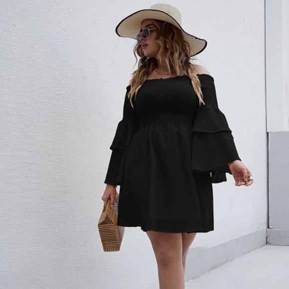 SHEIN Plus Bardot Shirred Layered Flounce Sleeve Dress - Picture 2 of 4